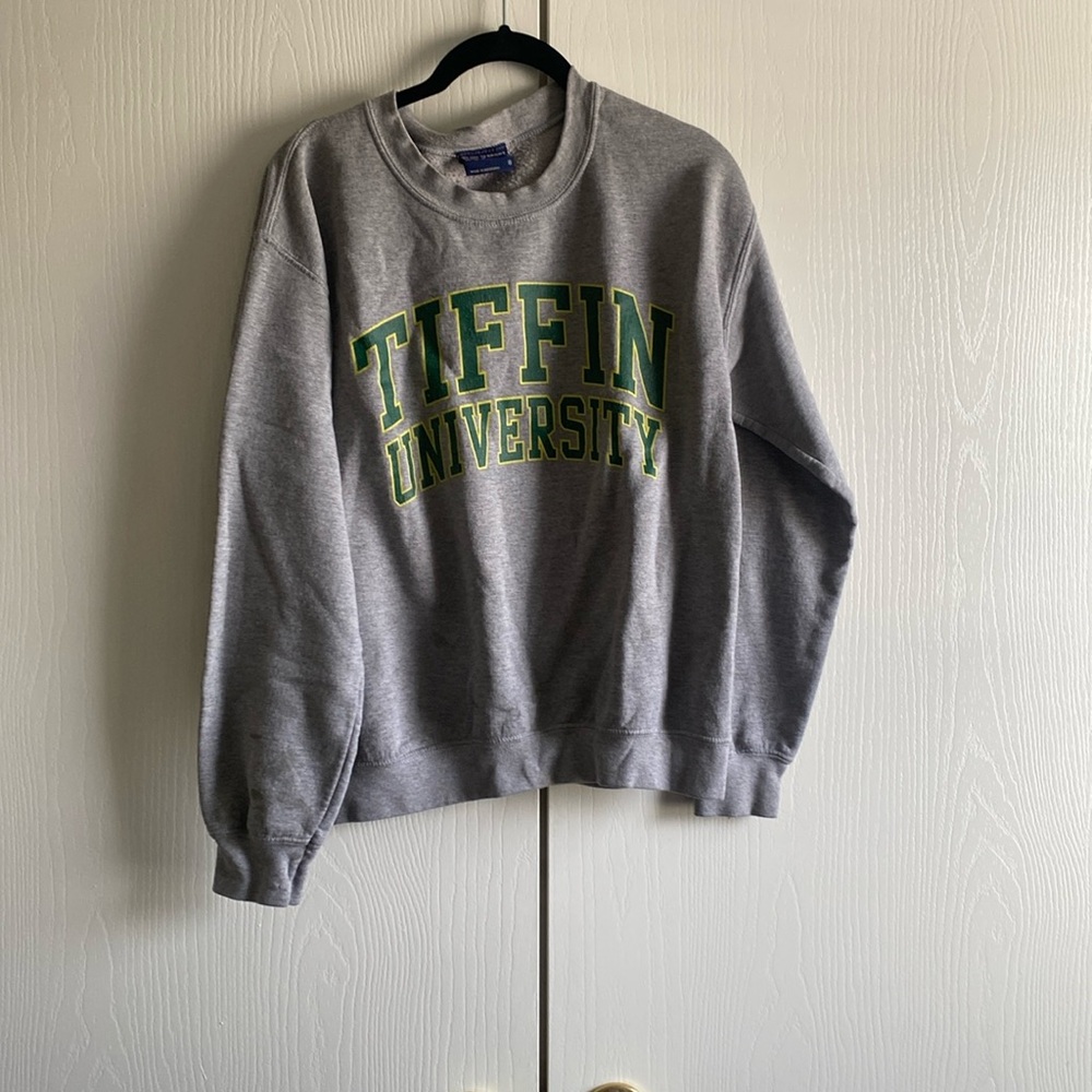 Grey crew neck sweatshirt. Size Small. Some wear and tear including stains.